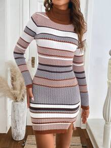 SHEIN LUNE Sukienka swetrowa typu bodycon z wysokim kołnierzem i wielokolorowymi paskami, swobodna, do pracy, dla kobiet