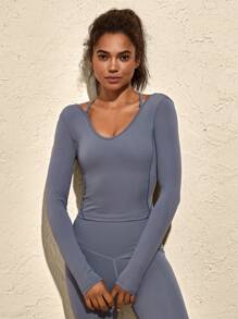 VARSITIE 纯色长袖修身无缝女式运动 T 恤，蓝色上衣