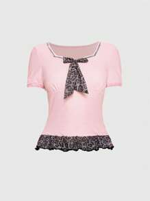 ROMWE Kawaii Áo thun nữ họa tiết da báo & nơ dễ thương cổ yếm, eo vừa vặn - Hồng - Xem 1