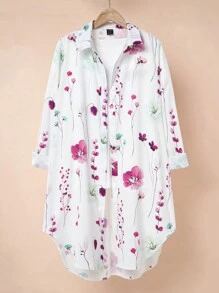SHEIN Unity Random Floral Print Button Down Long Sleeve Collared Shirt Fall Cloth For Women - Hot Pink - View 1