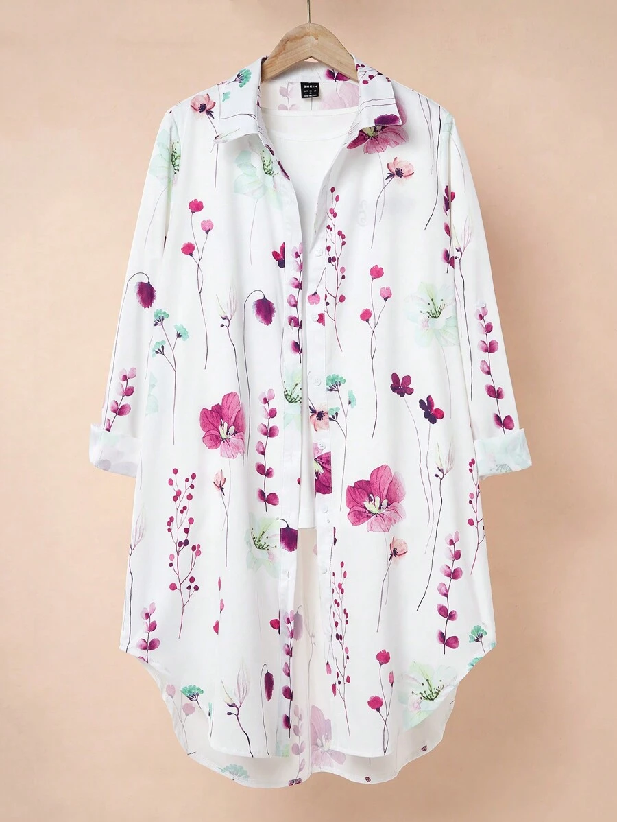SHEIN Unity Random Floral Print Button Down Long Sleeve Collared Shirt Fall Cloth For Women - Hot Pink - View 1
