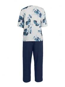 EMERY ROSE 2pcs Women's Summer Floral Print Casual Round Neck Short Sleeve Top And Pants Set
