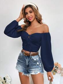 SHEIN VCAY Women's Solid Color Off-Shoulder Tie Front Long Sleeve Blouse - Navy Blue - View 6