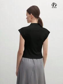 BizChic Women's Elegant Mock Neck Twist Front Sleeveless Top, Teacher T-Shirt, Autumn Tee - Black - View 2
