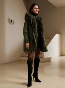 Anewsta Abrigo acolchado con cuello de piel gruesa y capucha, de largo medio y versátil - Verde militar - Ver 3