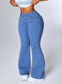 SHEIN ICON 女式休闲破洞修身喇叭牛仔裤 - 藍色 - 查看 6