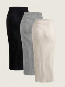 Sweetra 3pcs Plus Size Fitted Charming Elegant Ribbed Pencil Skirt Set Maxi Women Outfit