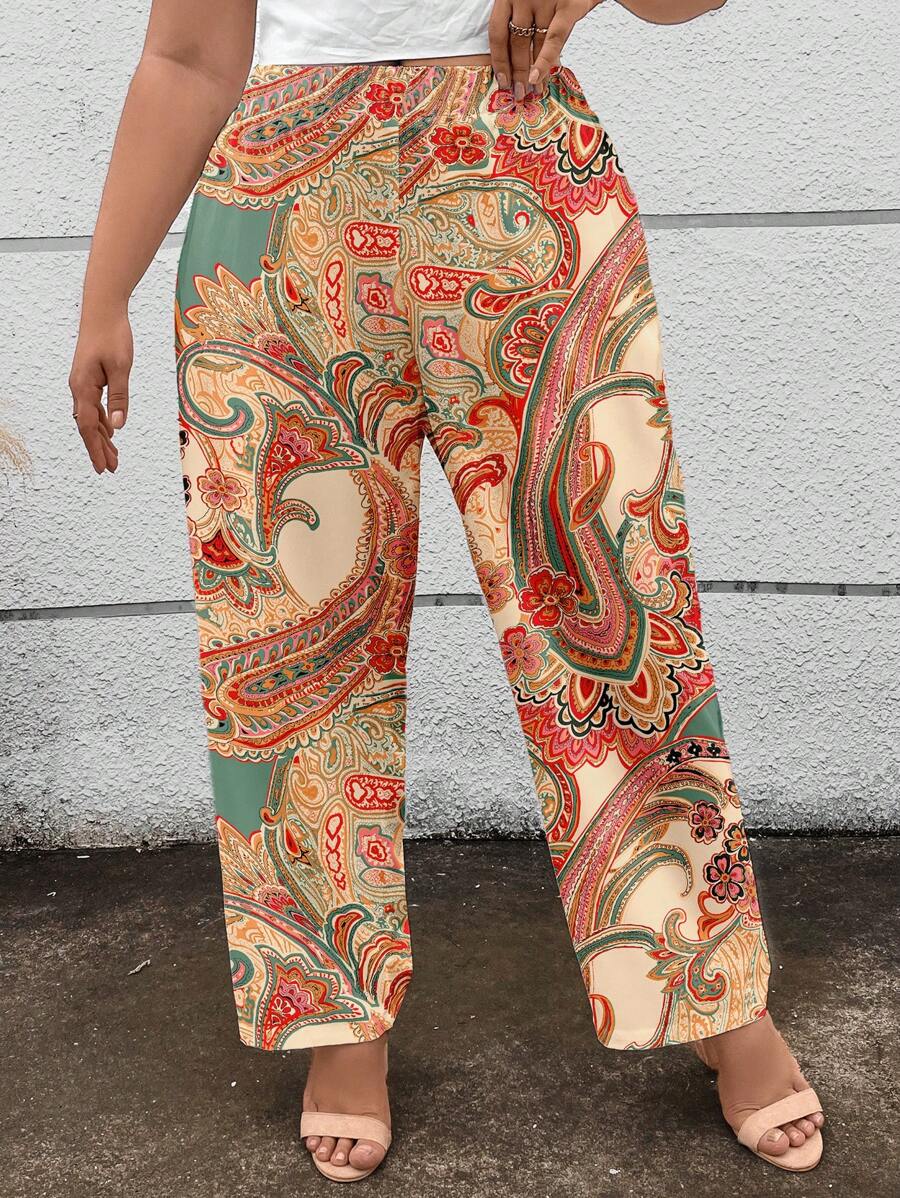 SHEIN LUNE 大码佩斯利印花度假休闲阔腿裤 - 彩色 - 查看 1