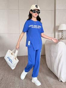 Tween Girl 休闲街头风格针织圆领短袖 T 恤和抽绳裤套装 - 寶藍色 - 查看 6