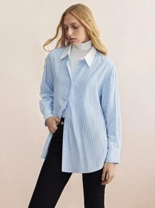 BizChic Women's Turndown Collar Contrast Color Long Sleeve Striped Blouse  Baggy Shirts  Work Blouse - Blue - View 5