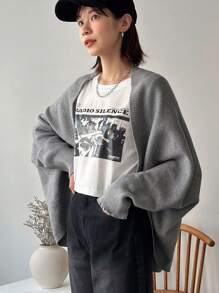 FRIFUL Women's Solid Asymmetric Hem Casual Long Sleeve Cardigan - Grey - View 6