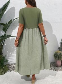 EMERY ROSE Vestido de manga corta de talla grande para mujer con unicolor y parche a cuadros