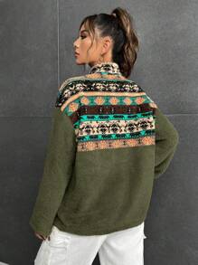 SHEIN EZwear Áo nỉ dài tay kiểu dáng cổ điển có khóa kéo nửa đầu dành cho nữ - xanh quân đội - Xem 2