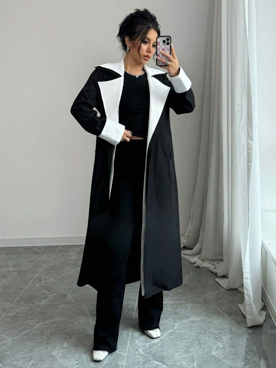 Chiquease Women's Contrast Color Lapel Long Sleeve Trench Coat - Black and White - View 1
