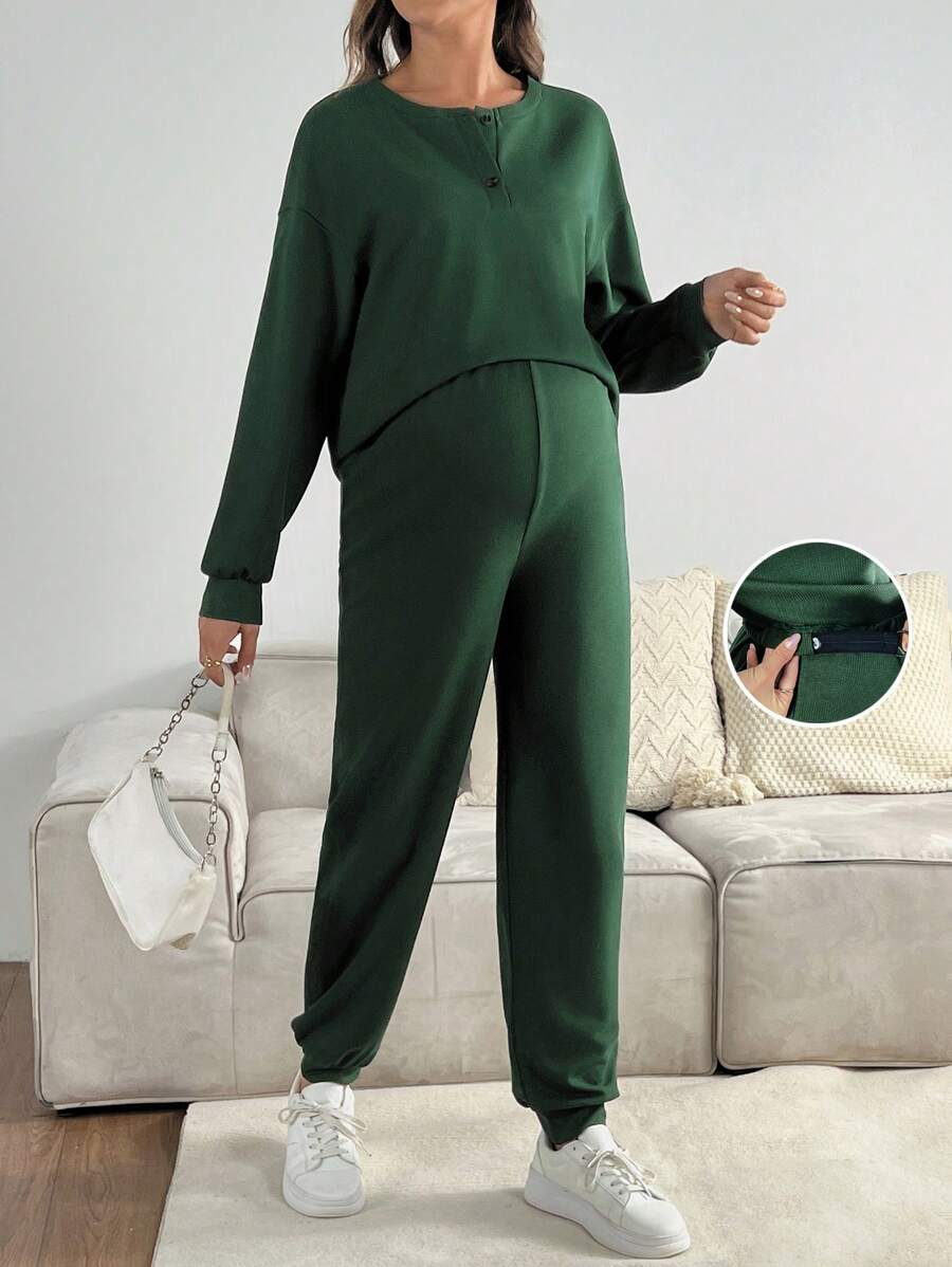 SHEIN 2pcs Maternity Solid Color Long Sleeve Top And Pants Set, Spring/Autumn - Green - View 1