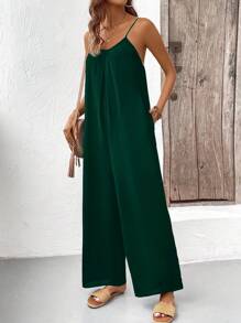 Breezaya Mono informal con tirantes espagueti plisados, escote en V y pantalones anchos rectos