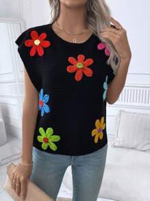 SHEIN LUNE Pull sans manches à col en V ample avec motif floral pour femme, pour l'automne et l'hiver - Noir - Voir 4