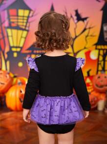 Body bébé fille mignon imprimé chat, manches longues, pour fête d'Halloween - Prune - Voir 2
