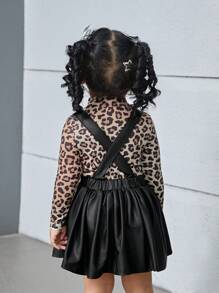 SHEIN Leap Crew Bộ 2 áo thun dài tay co giãn họa tiết da báo cho bé gái và váy có dây đeo, mùa thu - màu đen - Xem 2