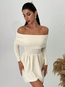 Firerie Dames chique elegante off shoulder lange mouw A-lijn korte gebreide trui jurk, herfst/winter