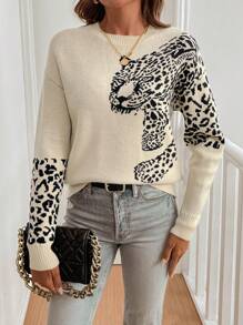 EMERY ROSE Women's Round Neck Leopard Print Long Sleeve Sweater,Long Sleeve Tops Knit Pullover Fall Winter Outfit - Apricot - View 5