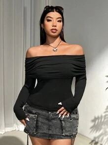 SHEIN EZwear Áo trễ vai màu đen cỡ lớn cho nữ, Thu/Đông - màu đen - Xem 7