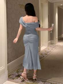 DAZY Đầm ngắn tay cổ lệch màu trơn cho nữ, thích hợp dự tiệc sinh nhật, dạ hội, tiệc năm mới, đầm maxi thanh lịch, đầm cưới. - Màu xanh nhạt - Xem 2