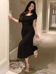 Joudiya Vestido negro de mujer de manga corta con cuello asimétrico de unicolor, vestido elegante para fiestas, cumpleaños, Año Nuevo o baile de graduación