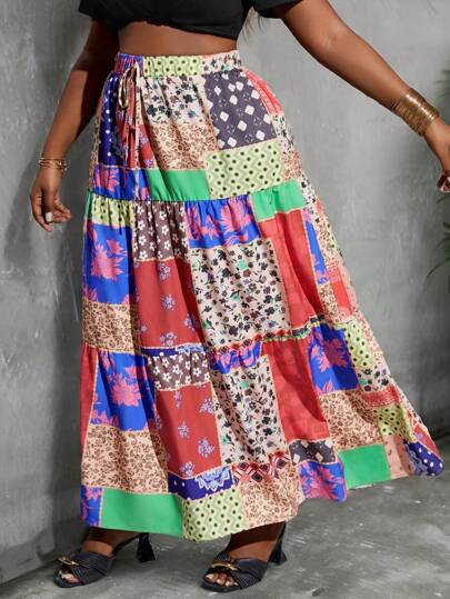 Slaydiva Falda impresa retro acampanada tipo A de talla grande para mujer