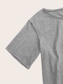 SHEIN Essnce Simple Floral Drop-Shoulder Plain T-Shirt For Women, Suitable For Summer - Grey - View 4