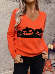 SHEIN LUNE Orange V-Neck Cartoon Pattern Cute Fall Long Sleeve Pullover Sweater