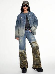 ROMWE Grunge Punk Women's Drop Shoulder Long Sleeve Loose Distressed Denim Jacket