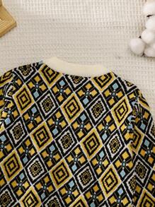 Toddler Girls' Vintage Retro Flower & Geometric Print Color Block Pullover Sweater. The Geometric Print Color Block Design Blends Traditional And Fashionable Elements, Showcasing A Distinctive Style. The Pullover Design Is Warm And Suitable For Autumn And Winter Outings. The Retro Floral Pattern Exudes A Unique Taste. The Warm And Comfortable Fabric Is Suitable For The Season. This Sweater Not Only Exudes A Vintage Charm, But Also Adds An Elegant Quality To The Little Girls, Allowing Them To Showcase A Charming And Graceful Presence During Autumn And Winter Travels. - Khaki - View 5