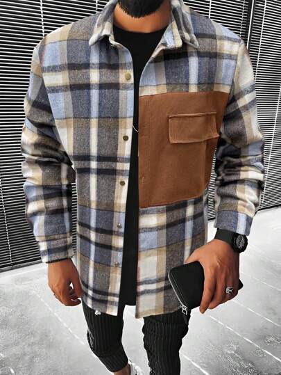 Manfinity Homme Erkek Ekose Desenli Düğmeli Uzun Kollu Günlük Şacket