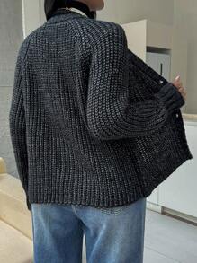 SHEIN Essnce 2024 Fall New Dark-Color Short Knitted Cardigan, Black Sweater,Fall Sweaters,Fall Clothes - Dark Grey - View 2