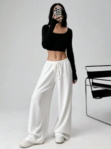 SHEIN EZwear Women's Fall Solid Color Knitted Jacquard Velvet Drawstring Long White Wide Leg Pants - White - View 3