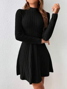 SHEIN Essnce 女式纯色立领罗纹休闲长袖连衣裙，春夏 - 黑色 - 查看 5