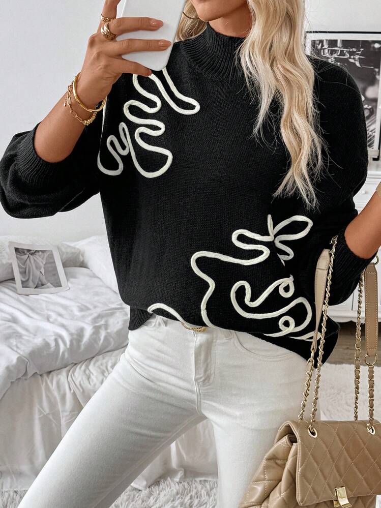 SHEIN LUNE Women's Casual Autumn/Winter Crew Neck Embroidered Sweater, Knit Pullover Fall - Black - View 3