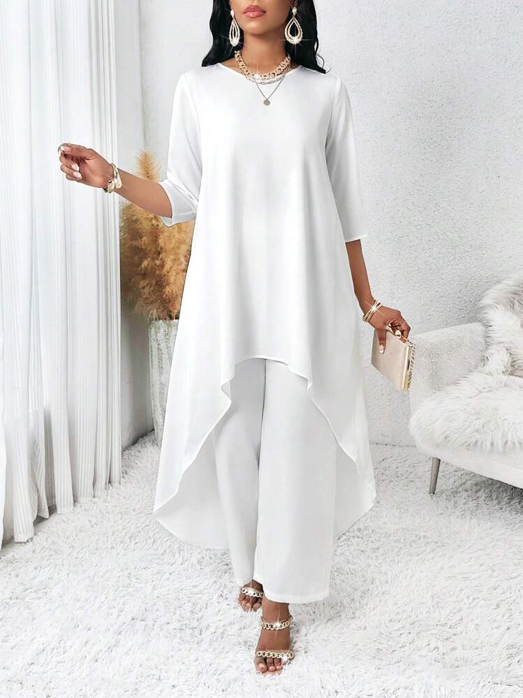 SHEIN Lady Blusa y pantalones elegantes de talla grande con cuello redondo, fluidos, asimétricos y de manga tres cuartos, en colores blanco, para primavera, verano, otoño e invierno - Blanco - Añade 1
