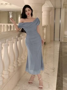 DAZY Đầm ngắn tay cổ lệch màu trơn cho nữ, thích hợp dự tiệc sinh nhật, dạ hội, tiệc năm mới, đầm maxi thanh lịch, đầm cưới. - Màu xanh nhạt - Xem 5