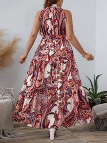 SHEIN LUNE 大码佩斯利印花系带吊带连衣裙优雅女士连衣裙秋装 - 紅色 - 查看 2