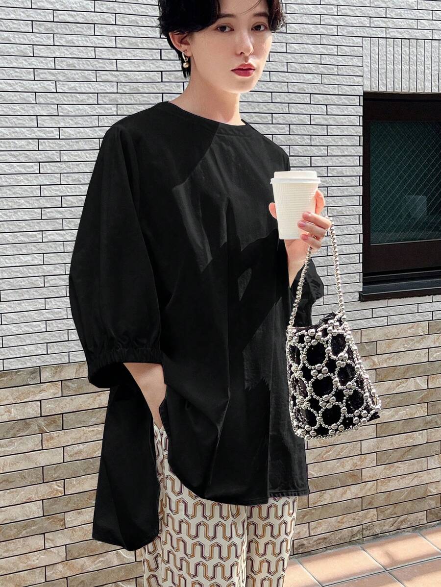 FRIFUL 女士圆领短袖纯色休闲宽松舒适时尚 T 恤 - 黑色 - 查看 1