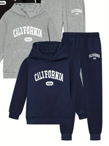 3pcs/Set Young Boy Hooded Sweatshirt And Jogger Pants Set - Black, Heather Grey, Navy Blue