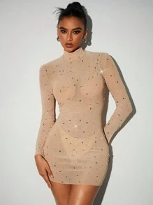 Aloruh Fall Women Clothes Women's Elegant Party Music Festival Concert Nightclub Sexy Hot Girl See-Through Stand-Up Collar Slim Fit Rhinestone Decorated Mesh Long Sleeve Dress Bodycon Dress Mini Dress , Sexy Party Dress,Rhinestone Dress,Sexy Women Dresses,See Through Dress,Suitable For Autumn And Winter