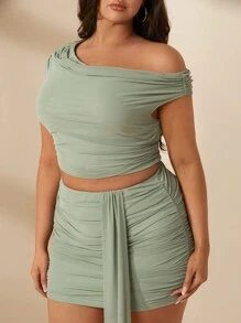 SHEIN BAE Plus Size Women's Elegant Sweet Date Summer Sage Green Asymmetrical Neck Solid Color Cascading Ruffle Blouse + Ruffled Mini Skirt 2Pcs Set