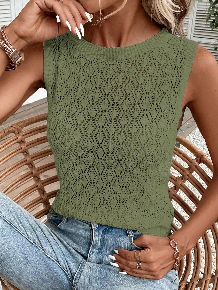 Breezaya 女士纯色无袖镂空针织背心 - 軍綠色 - 查看 1