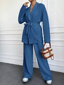 EURMUSE Beige Two Pieces Sets - Blue - View 4
