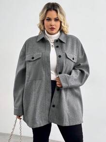 SHEIN CURVE+ Plus Drop Shoulder Flap Pocket Overcoat,,Fall Women Clothes,Fall Tops,Fall Outfits - Grey - View 7