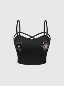 ROMWE 2pcs/Set Plus Size Women Gothic Floral Print Strap Tank Top And Elastic Waist Midi Skirt, Boho Style - Black - View 8