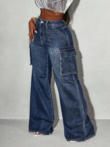 SHEIN Slayr 女式超大口袋简约设计牛仔裤 - 藏蓝色 - 查看 4